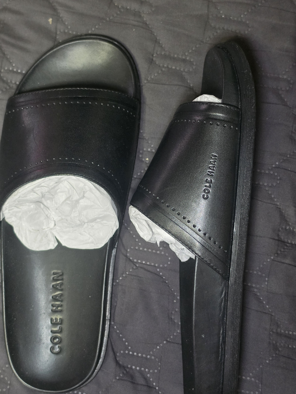 Cole Haan Black Leather Slide Sandals with Embossed Logo